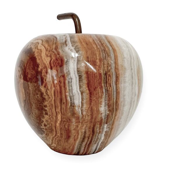 Paperweight Marble Agate Apple Home Decor Brown Cream Color Bands Metal Stem - Picture 6 of 10